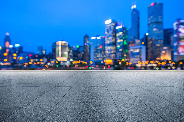 istock empty pavement front of  hong kong victoria harbour 608627672