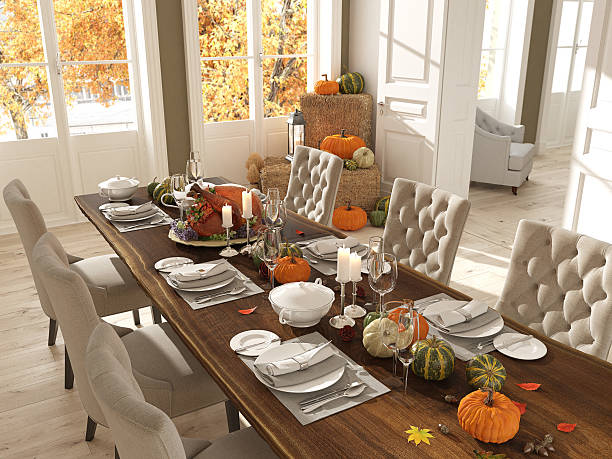 cucina nordica in un appartamento. rendering 3d. concetto di ringraziamento. - thanksgiving table setting autumn foto e immagini stock