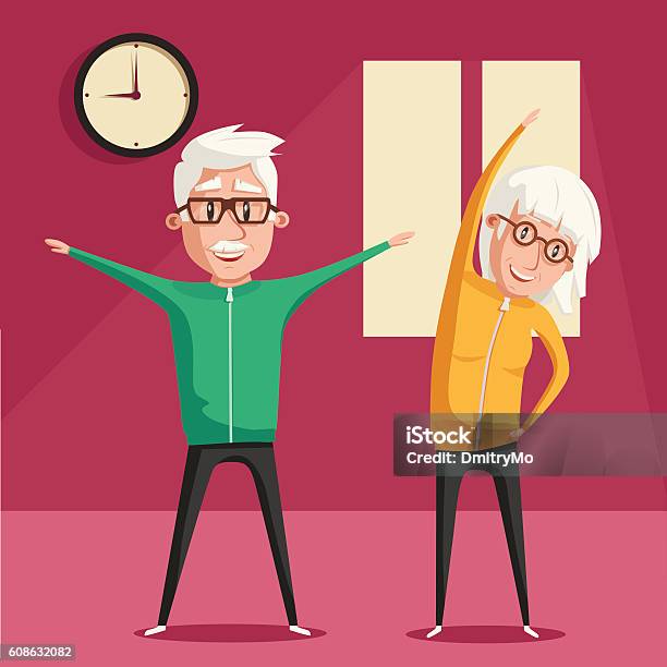Senior People And Gymnastics Cartoon Vector Illustration Stock Illustration - Download Image Now
