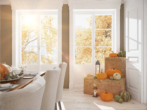 Photo of nordic kitchen in an apartment. 3D rendering. thanksgiving concept.