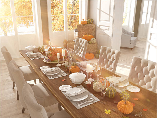 cocina nórdica en un apartamento. Renderizado 3D. concepto de acción de gracias. - foto de stock