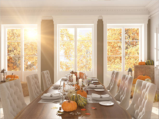 nordische Küche in einer Wohnung. 3D-Rendering. Thanksgiving-Konzept. – Foto