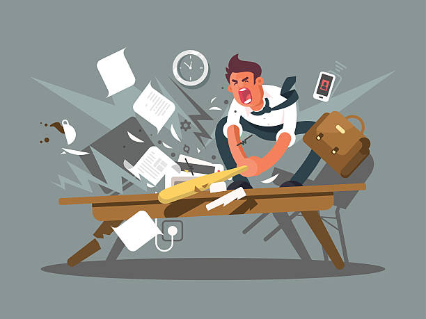 Angry and exasperated employee Angry and exasperated employee. Office worker smashing a table bat. Vector illustration demolished illustrations stock illustrations