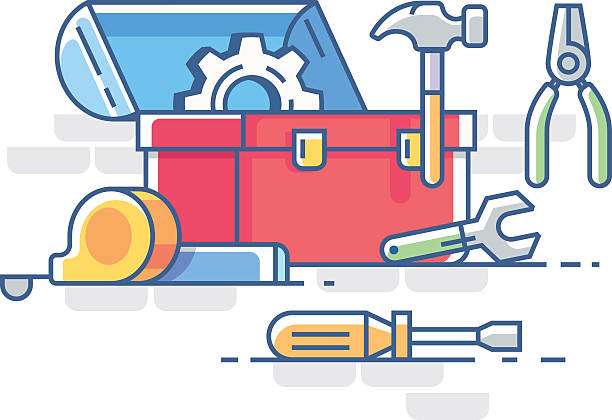 writing toolkit clipart Open box with tools Open box with tools. Pliers and hammer, screwdriver and roulette. Vector illustration toolbox stock illustrations