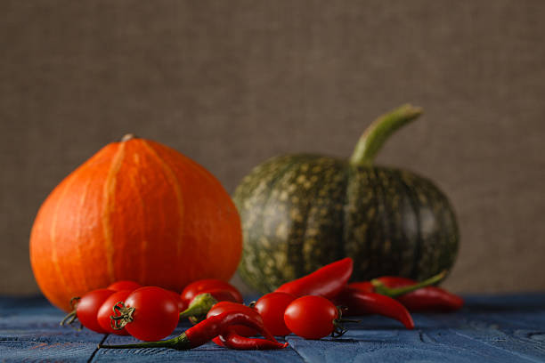 Fall background with pumpkins on blue wooden background with copy space