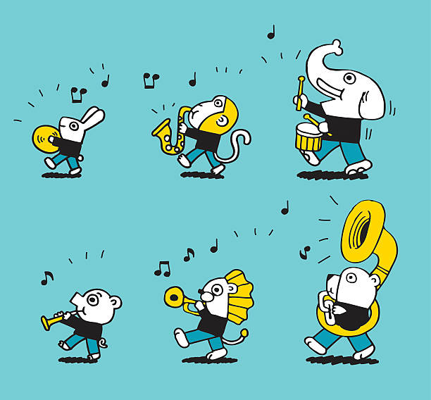 동물 행진 황동 밴드 - brass instrument audio stock illustrations