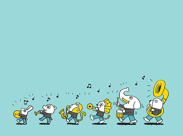 tiere marschieren blaskapelle - marching band stock-grafiken, -clipart, -cartoons und -symbole