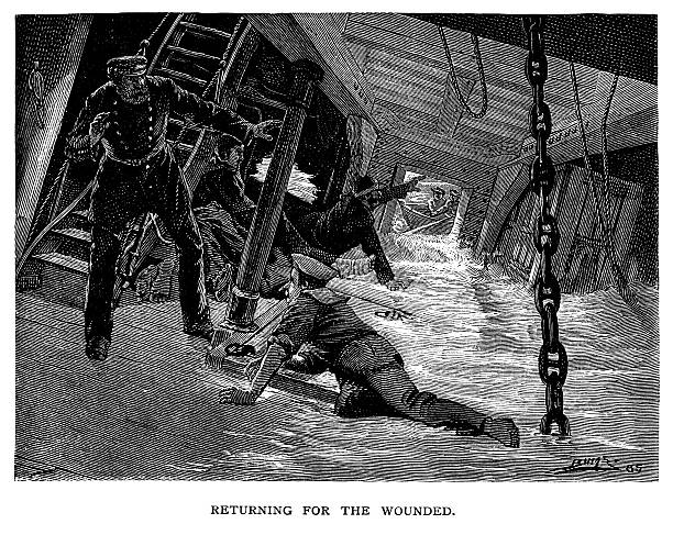 Captaing saving wpounded sailors on sinking warship Captaing saving wpounded sailors on sinking warship - Scanned 1886 Engraving sinking ship pictures pictures stock illustrations