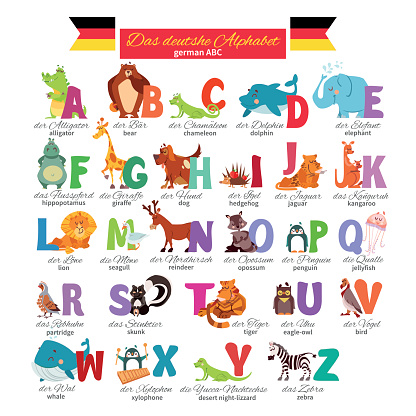 German illustrated zoo alphabet with cute cartoon animals. Vector illustration for education, foreign language study. Vector illustration