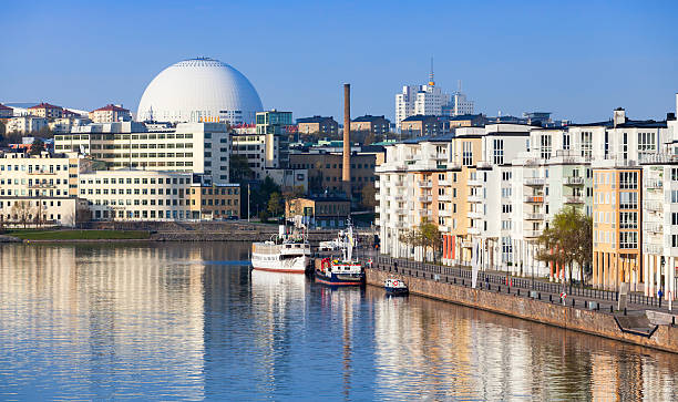Cityscape with Stockholm Globe Arena Cityscape with modern living houses in Stockholm. Sodermalm district, Masthamnen embankment. Stockholm Globe Arena on a background sodermalm photos stock pictures, royalty-free photos & images