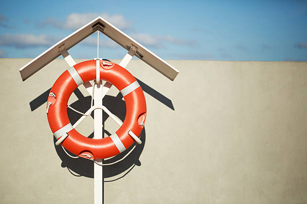 istock Lifebuoy on the pier with blue sky background 609033786