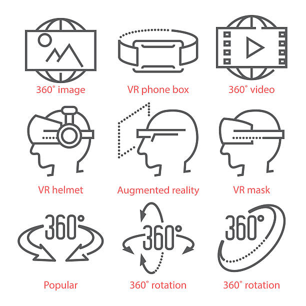 Vector thin line icons set with 360 Degree View Icons Vector thin line icons set with 360 Degree View Icons, virtual reality equipment and accessories for infographics and UX UI kit augmented reality photos stock illustrations