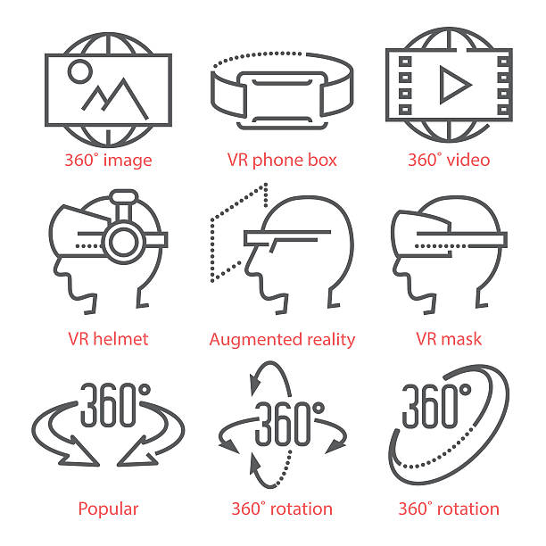 Vector thin line icons set with 360 Degree View Icons Vector thin line icons set with 360 Degree View Icons, virtual reality equipment and accessories for infographics and UX UI kit earth first aid stock illustrations