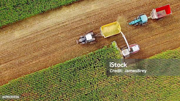 Farm Machines Harvesting Corn In September Aerial View Stock Photo - Download Image Now