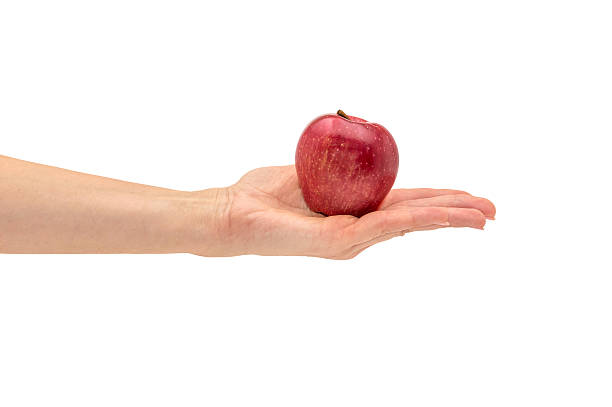 istock female hand holding red apple. Isolated on white 609037438