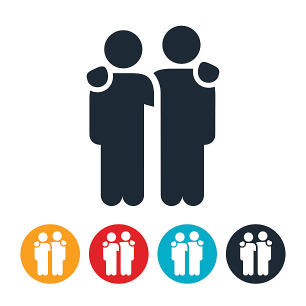 Two People with Arms Around Shoulders Icon An icon of two people with their arms/hands around each others shoulders. The icon represents the unity between two friends or a couple. hand on shoulder stock illustrations