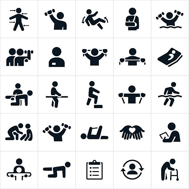 Physical Therapy Icons A set of icons representing the medical treatment of physical therapy. The icons show people doing different strength exercises to recover from injuries. physical therapy stock illustrations