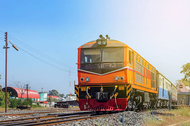 istock Red orange diesel engine locomotive train 609040692