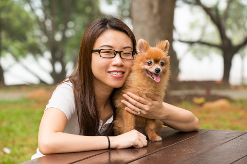 Happy Asian woman embracing her Pomeranian at a park.