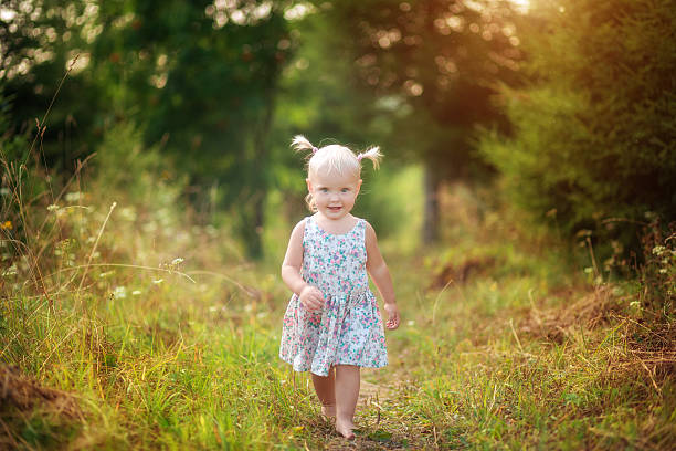 istock Little girl goes on a footpath 609042976