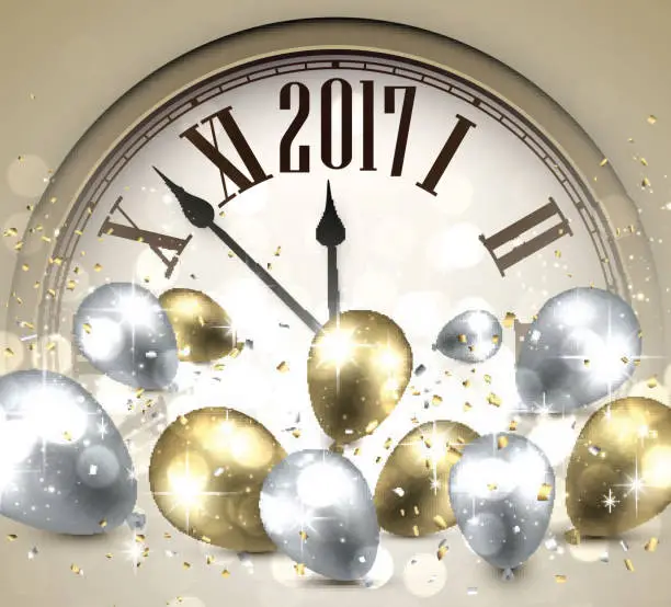 Vector illustration of 2017 New Year background with clock.