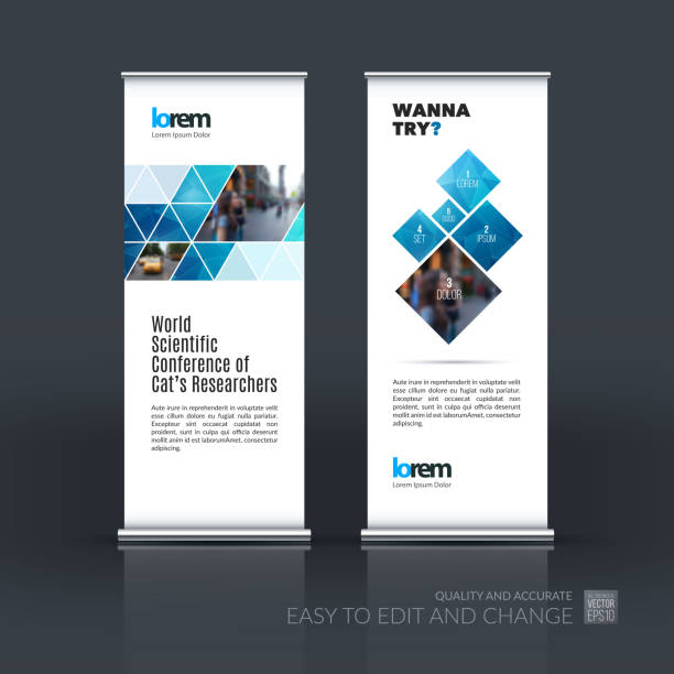 Vector set of modern roll Up Banner stand design with Vector set of modern roll Up Banner stand design with abstract blue geometric shapes on polygonal background with overlap effect for business and finance. Brochure and presentation for exhibition. booth photos stock illustrations