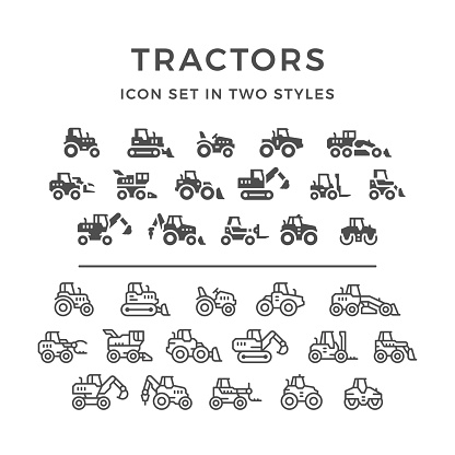 Set line icons of tractors, farm and buildings machines, construction vehicles in two styles isolated on white. This illustration - EPS10 vector file.