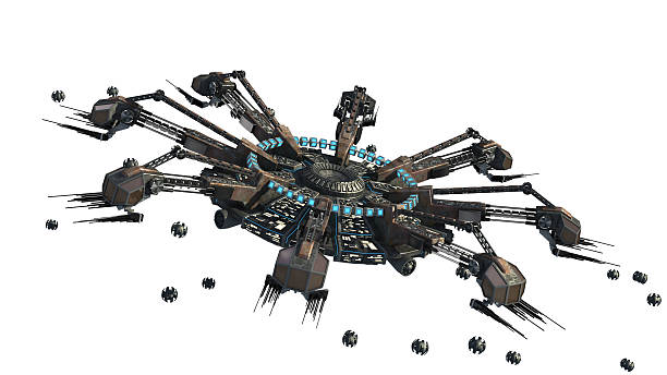 Spider shaped UFO 3D rendering of a spider-shaped UFO with drones, for futuristic, fantasy, interstellar travel or war game backgrounds, with the clipping path included in the file. robot spider stock pictures, royalty-free photos & images