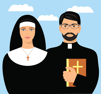 a young priest with a bible and a nun. Vector flat cartoon illustration