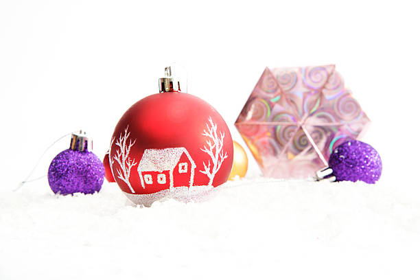 istock Decorated Christmas balls and gifts on white background 609049486