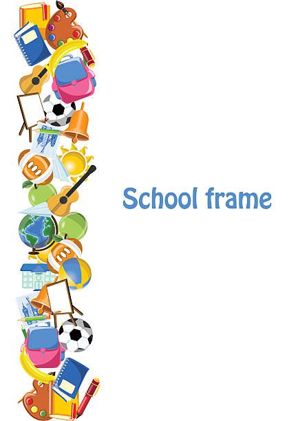 School banner frame Cartoon students and school stuffs, banner frame teacher borders stock illustrations