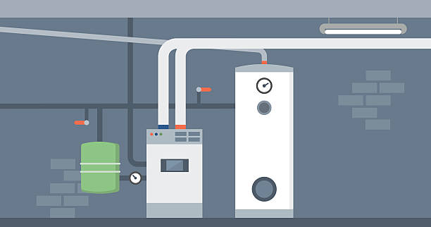 ilustrações, clipart, desenhos animados e ícones de sala de aquecedor de água - water heater boiler water pipe basement