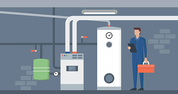 ilustrações, clipart, desenhos animados e ícones de sala de aquecedor de água - water heater boiler water pipe basement