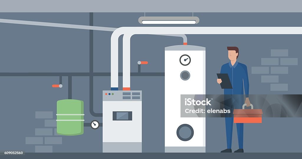 Boiler room Heating system in the house basement, a plumber is installing and checking the boiler Furnace stock vector