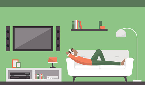 Living room Man relaxing on the sofa in the living room, he is listening to music and resting sofa illustrations stock illustrations