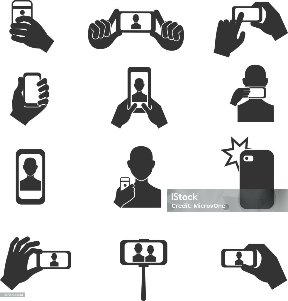 Selfie photo vector icons set Selfie photo vector icons set. Photography with use smartphone and stick illustration Icon Symbol stock vector