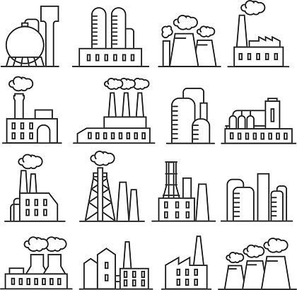 Factory and plant thin line vector icons. Industrial building for production and manufacture illustration