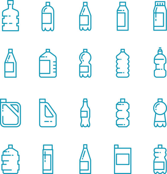 ilustraciones, imágenes clip art, dibujos animados e iconos de stock de conjunto de iconos vectoriales de línea de botellas de plástico - white background colors striped part of