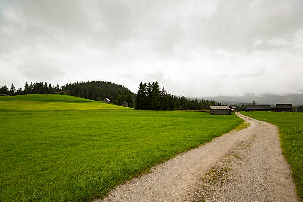 istock Alpine mountain landscape with the farm road 609055132