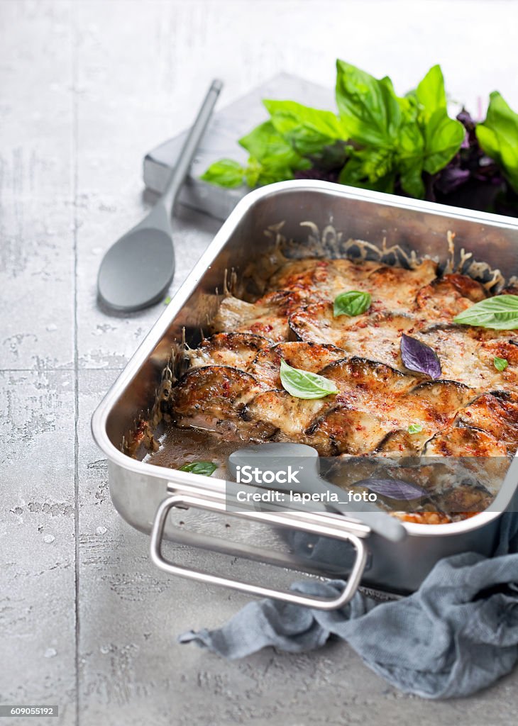 Casserole with meat, eggplant and cheese Casserole with meat, eggplant and cheese, selective focus Moussaka Stock Photo