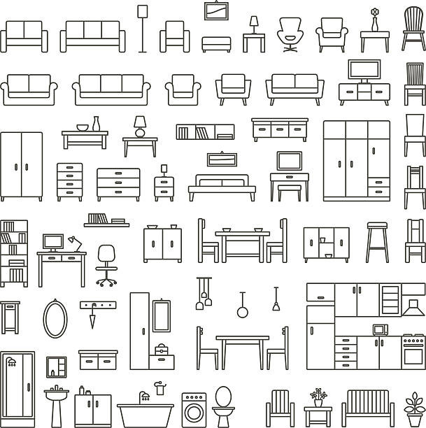 ilustraciones, imágenes clip art, dibujos animados e iconos de stock de vector muebles para el hogar contorno iconos conjunto 1 - cabinet