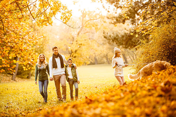 istock Family in autumn park with their dog 609060432