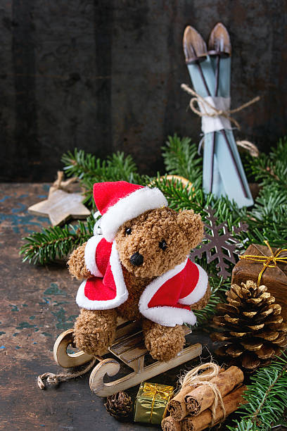 istock Christmas decoration card with toys and tree 609060608