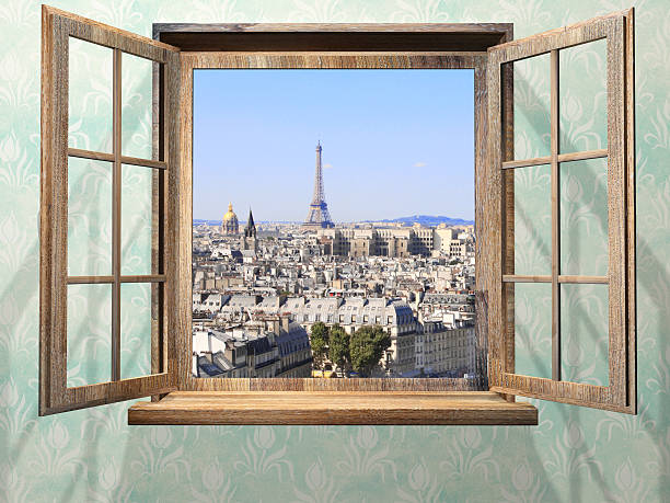 istock Opened wooden window and view on Eiffel tower, Paris 609061414