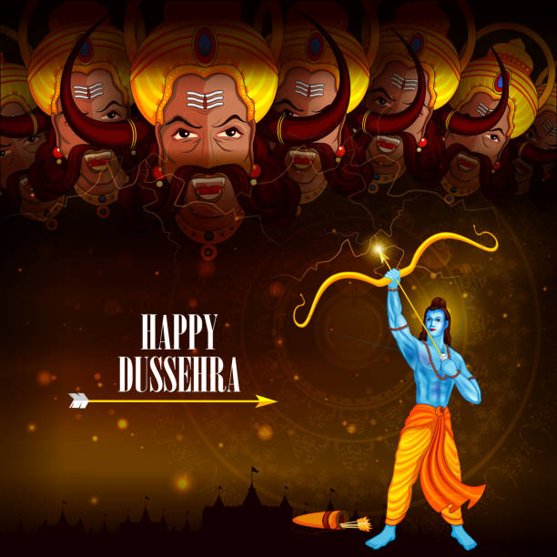 Happy Dussehra background showing festival of India easy to edit vector illustration of Rama killing Ravana in Happy Dussehra background showing festival of India dharma stock illustrations