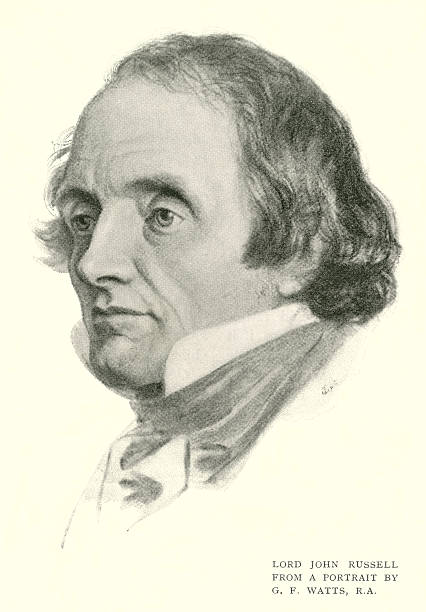 Lord John Russell Halftone illustration of Lord John Russell, Liberal (Whig) politician who served as Prime Minister from 1846-1852. The portrait was executed by George Frederic Watts RA, a Victorian painter and sculptor. From “Peter Parley’s Annual - A Christmas and New Year’s Present for Young People” published in London by Darton & Co in 1851. john russell stock illustrations