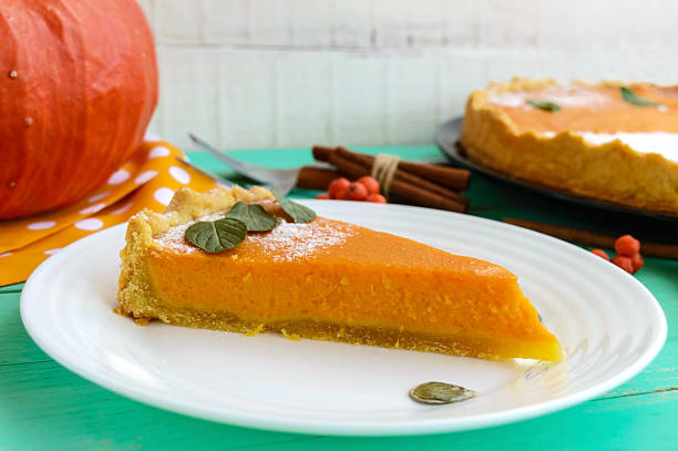 istock Sweet pumpkin pie. A piece on a white plate. 609073248