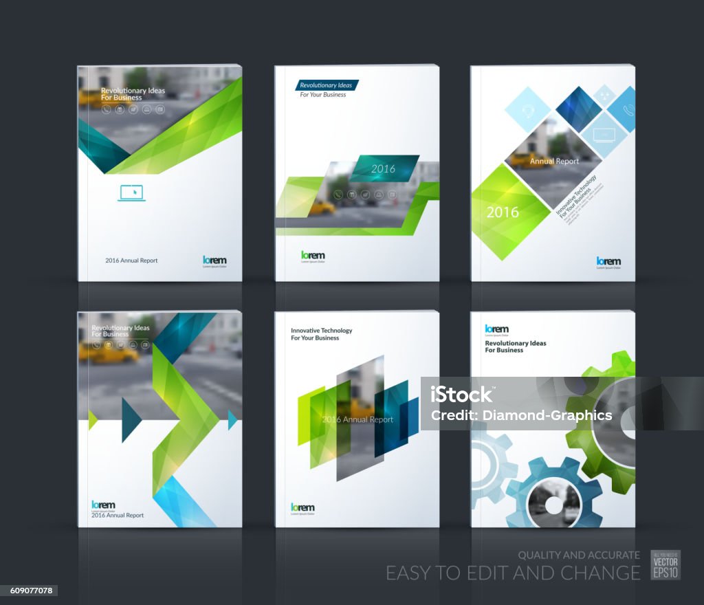 Brochure template layout, cover design annual report, magazine, Brochure template layout, cover design annual report, magazine, flyer, leaflet in A4 with blue gear, green triangles, arrow, ribbon with overlap effect for business and technology. Vector mega set. Book Cover stock vector