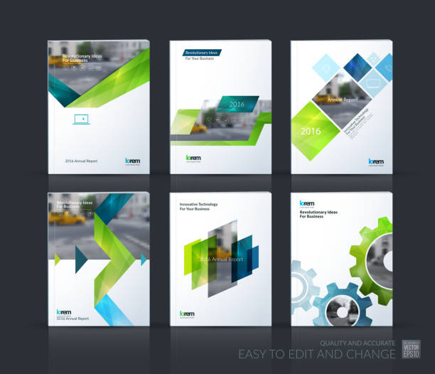 Brochure template layout, cover design annual report, magazine, Brochure template layout, cover design annual report, magazine, flyer, leaflet in A4 with blue gear, green triangles, arrow, ribbon with overlap effect for business and technology. Vector mega set. book cover illustrations stock illustrations