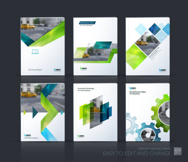 Brochure template layout, cover design annual report, magazine, Brochure template layout, cover design annual report, magazine, flyer, leaflet in A4 with blue gear, green triangles, arrow, ribbon with overlap effect for business and technology. Vector mega set. modern magazine layout stock illustrations